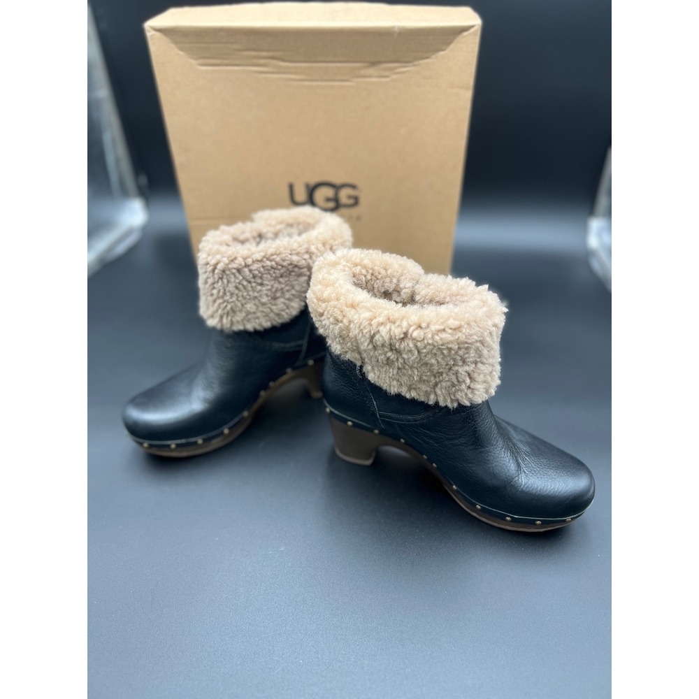 UGG Australia Amoret Black Leather Sheepskin Clog Ankle Boots 1003856 Womens 7
